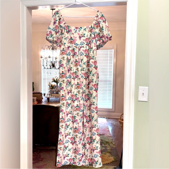 & merci Floral Jumpsuit. Floral | Puff Sleeve Smocked Tie Back. Women's Sz-L EUC - Picture 10 of 13